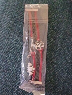 Red Charm Bracelet Set with Eiffel Tower & Tree Motifs